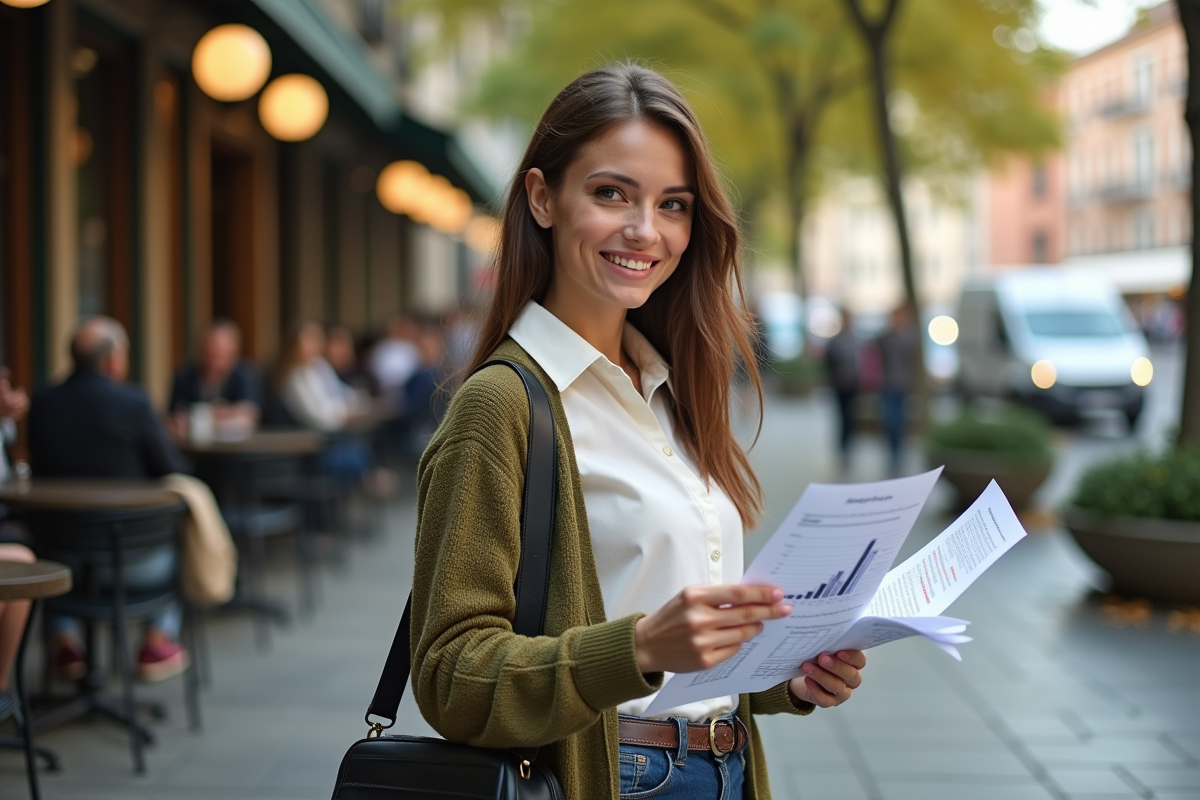 Femme souriante examinant des graphiques financiers en extérieur