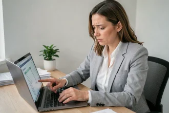 Femme vérifiant un relevé bancaire sur ordinateur portable pour identifier une transaction AMZ digital FRA inconnue