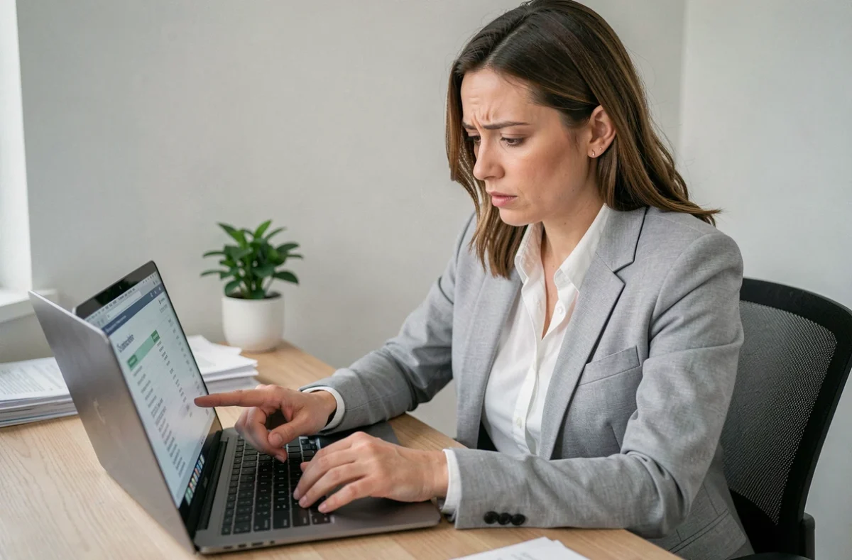 Femme vérifiant un relevé bancaire sur ordinateur portable pour identifier une transaction AMZ digital FRA inconnue