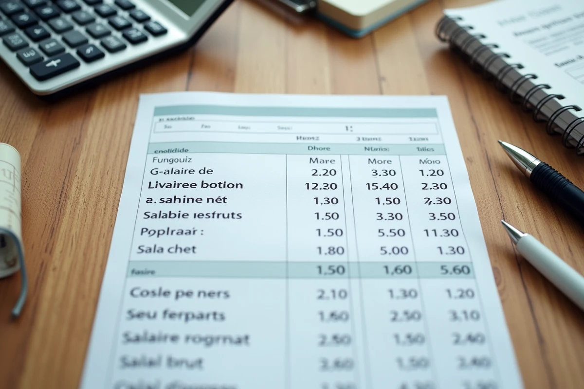 Fiche de paie française avec calcul brut net posée sur une table en bois avec calculatrice et notes manuscrites