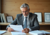 Homme fonctionnaire en costume gris examine des documents de retraite