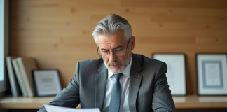 Homme fonctionnaire en costume gris examine des documents de retraite
