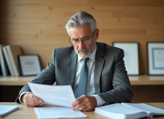 Homme fonctionnaire en costume gris examine des documents de retraite