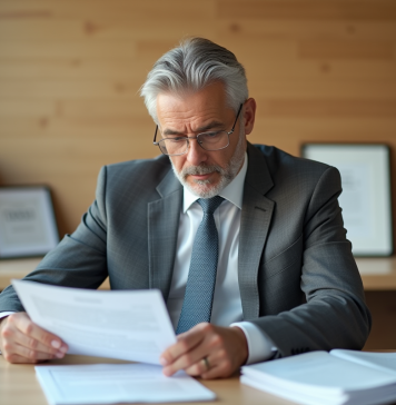 Homme fonctionnaire en costume gris examine des documents de retraite