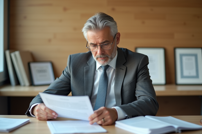 fonctionnaire-approbation-papiers Homme fonctionnaire en costume gris examine des documents de retraite