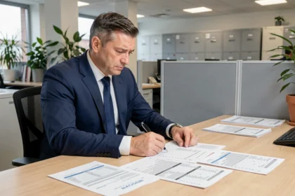 Fonctionnaire examinant une grille indiciaire de rémunération dans un bureau administratif en 2026