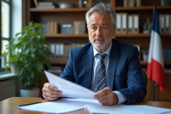 fonctionnaire-pension-lecture Homme civil servant en costume bleu examine des documents de pension