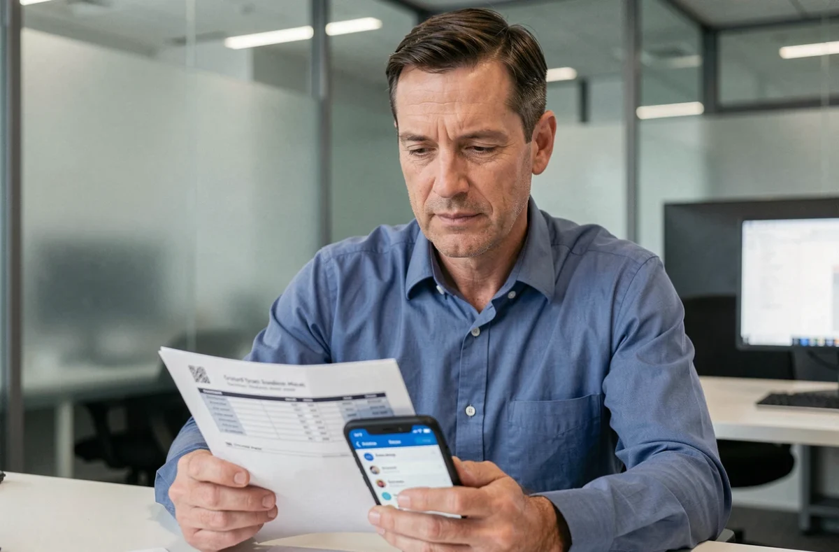 Homme consultant sa facture Free Mobile et gérant son paiement par RIB sur smartphone au bureau