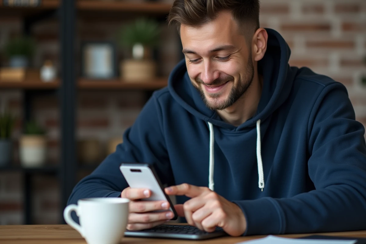 Homme consultant son portefeuille numérique Google Pay avec une carte virtuelle Virtualis CMB depuis un bureau à domicile