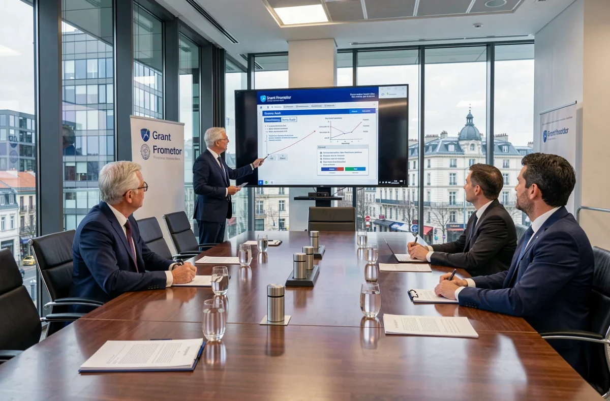 Équipe Grant Thornton à Lyon en présentation d'un audit et conseil en financement professionnel en salle de conférence