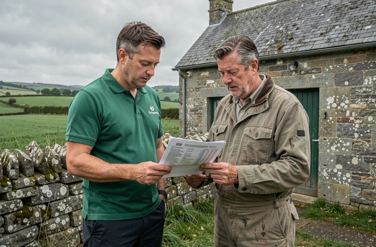 Conseiller Groupama Bretagne avec un agriculteur breton devant une ferme en pierre étudiant un contrat d'assurance