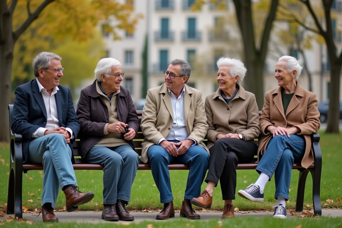 Groupe de personnes âgées discutant dans un parc ensoleille