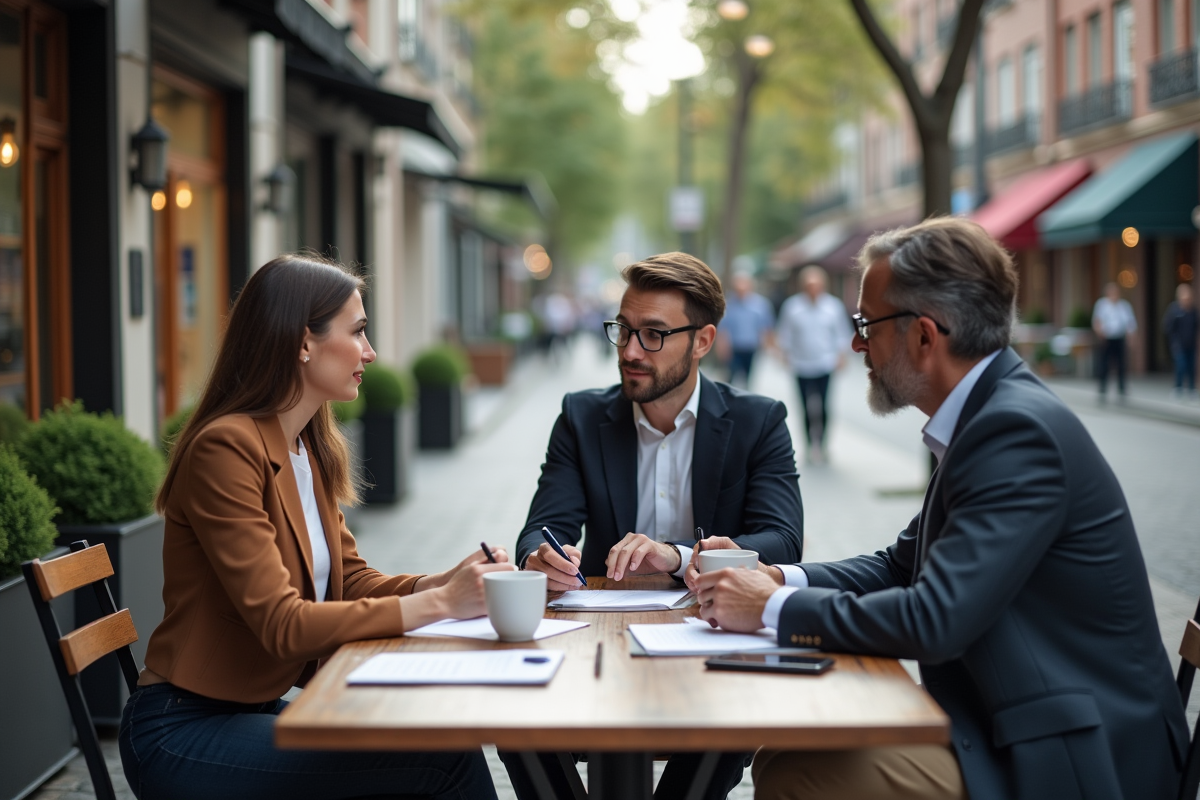 Groupe de trois personnes discutant dans un café en plein air