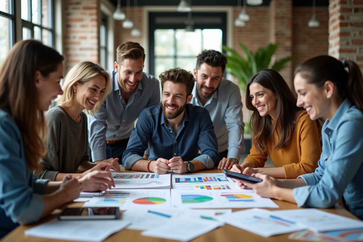 Groupe de jeunes professionnels en réunion dans un espace de coworking