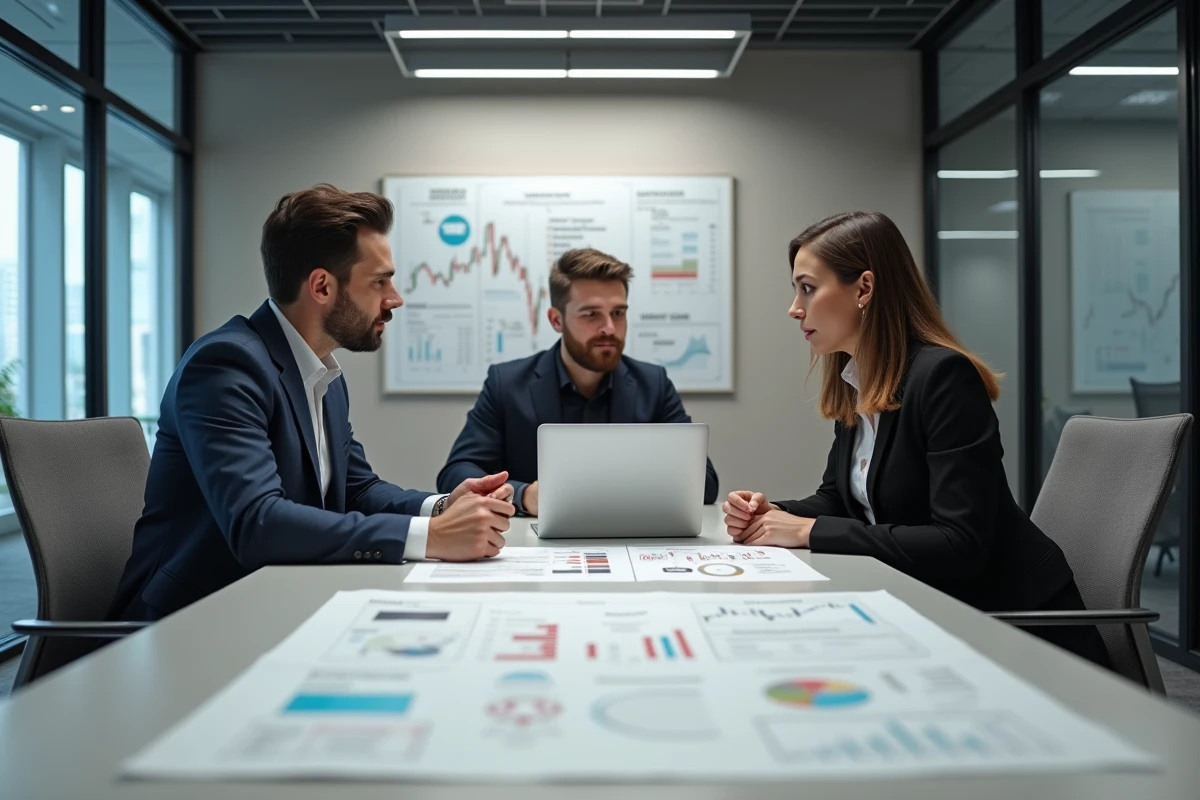 Groupe de professionnels de la finance collaborant autour de graphiques d'indices et de données boursières en salle de réunion