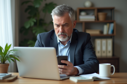 Homme d'affaires au bureau avec smartphone et ordinateur