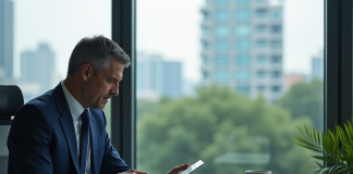 Homme d'affaires en costume bleu analysant des graphiques