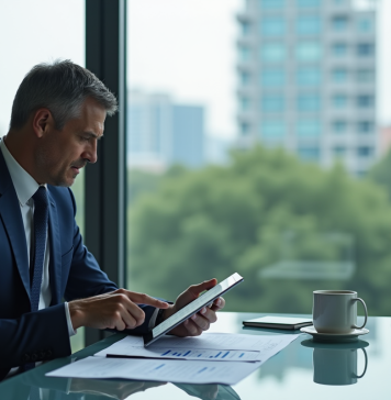 Homme d'affaires en costume bleu analysant des graphiques