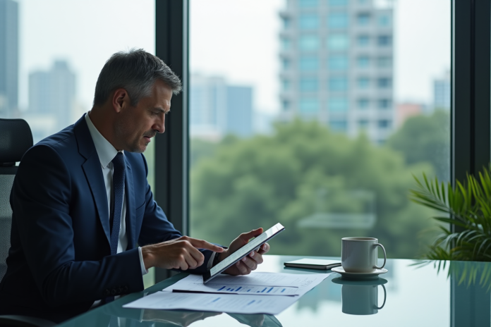 Homme d'affaires en costume bleu analysant des graphiques