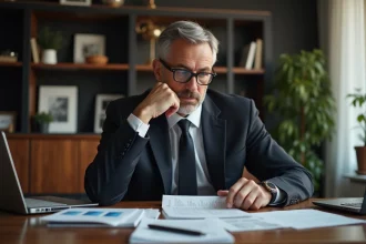Homme d'affaires en costume examine des papiers dans un bureau moderne
