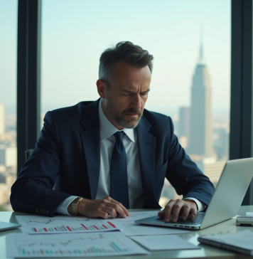 Analyse économique : Quelle est la situation économique actuelle ? Homme d'affaires en costume étudiant des graphiques économiques