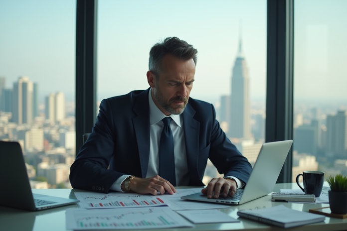 homme-affaires-ordinateur-bureau Homme d'affaires en costume étudiant des graphiques économiques