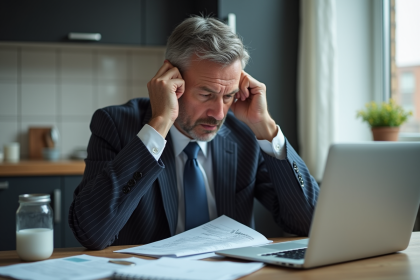 Homme d'affaires pensif regardant un relevé bancaire