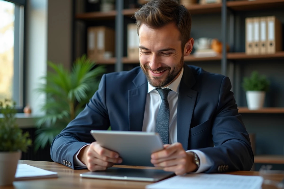 Homme d'affaires en costume bleu utilisant une tablette dans un bureau moderne