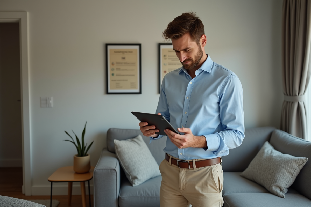 Homme regardant un détail intérieur dans un appartement urbain