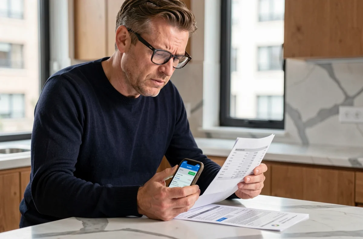 Homme comparant une application bancaire et un relevé imprimé pour comprendre un débit AMZ digital FRA
