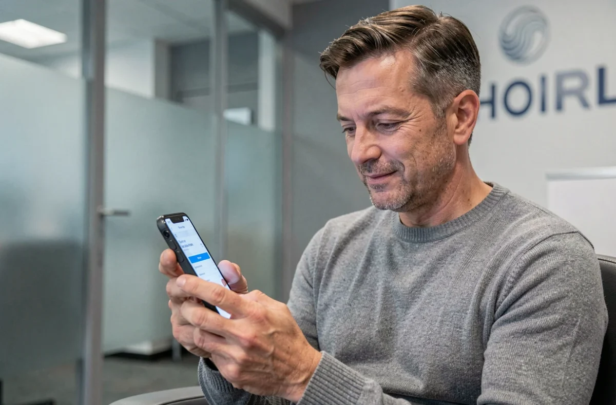 Homme consultant son application bancaire maritime sur smartphone dans une agence bancaire moderne