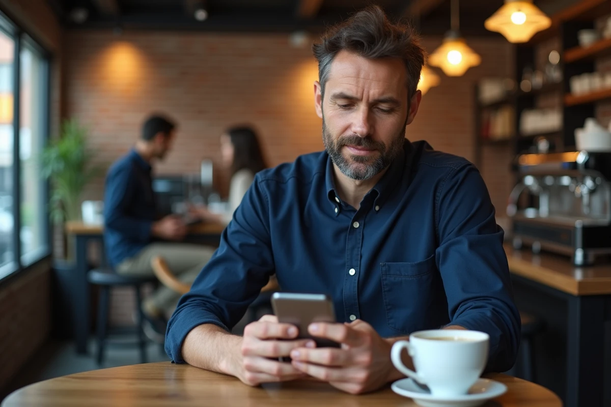Homme consultant une application d'investissement ETF sur smartphone dans un café urbain