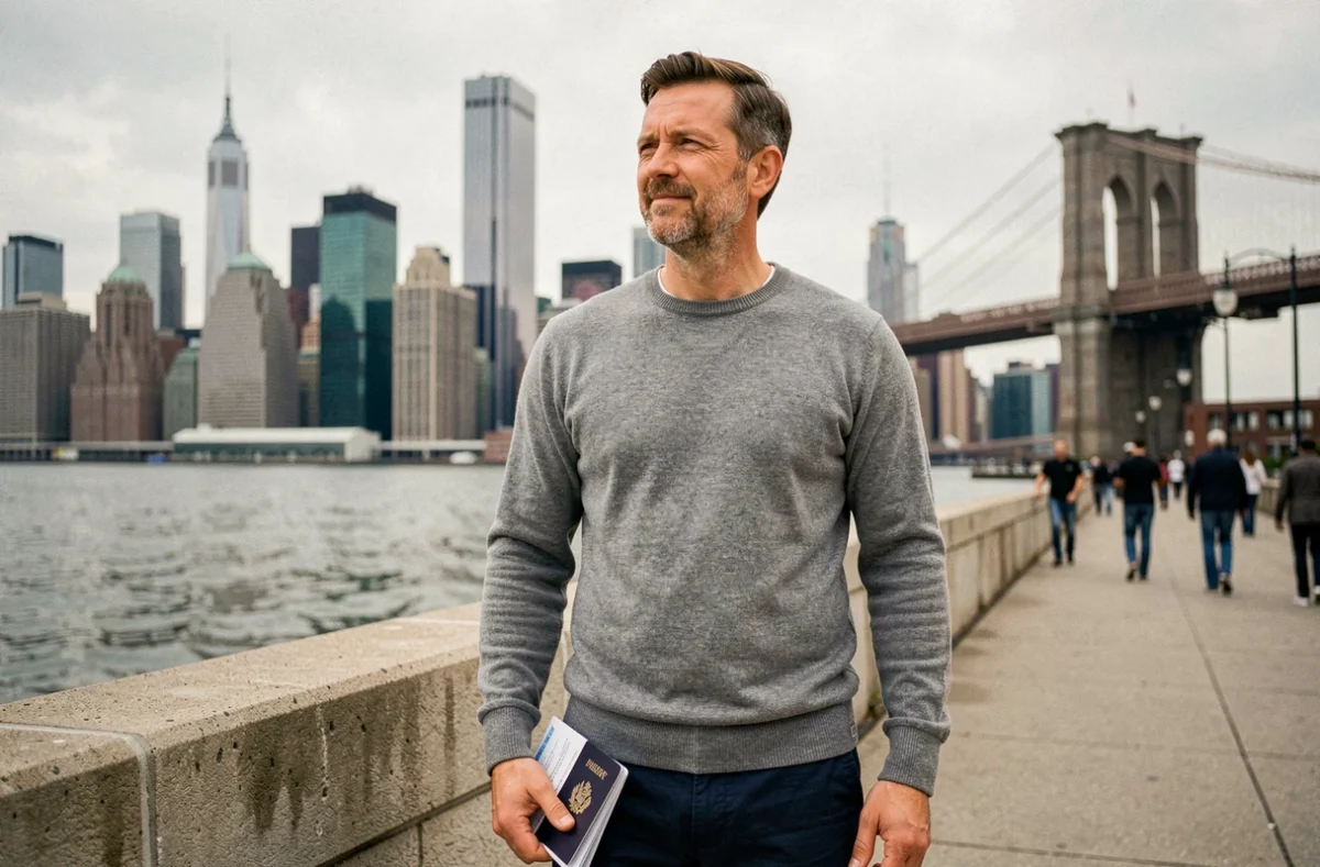 Homme tenant son passeport et son assurance voyage devant le pont de Brooklyn à New York