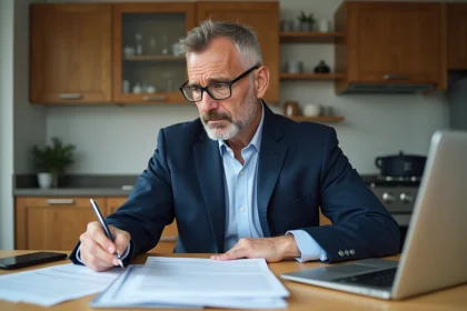 Homme d'&acirc;ge moyen en costume bleu dans une cuisine avec documents d'assurance
