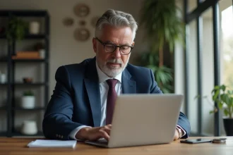 Homme d'âge moyen vérifiant son compte bancaire en ligne