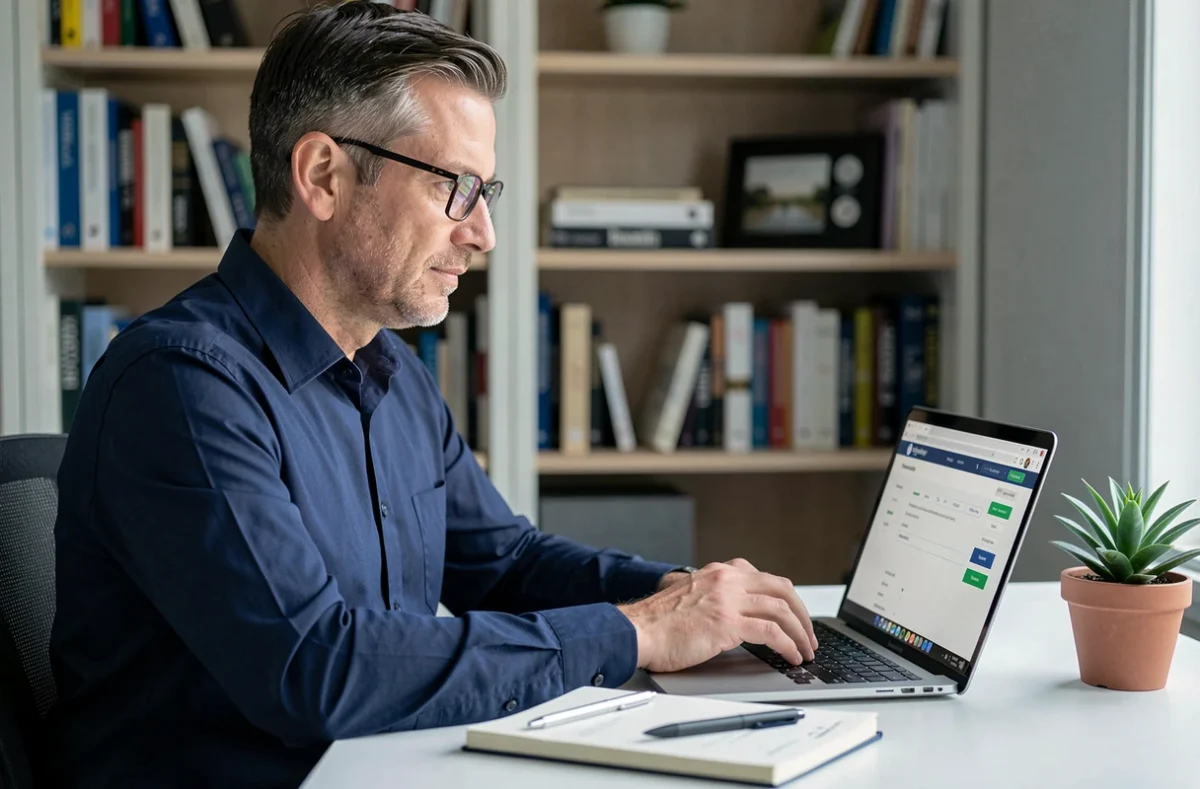 Homme connecté à son espace bancaire en ligne pour bloquer un prélèvement automatique indésirable