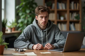 Homme pensif tenant un bitcoin dans un salon moderne