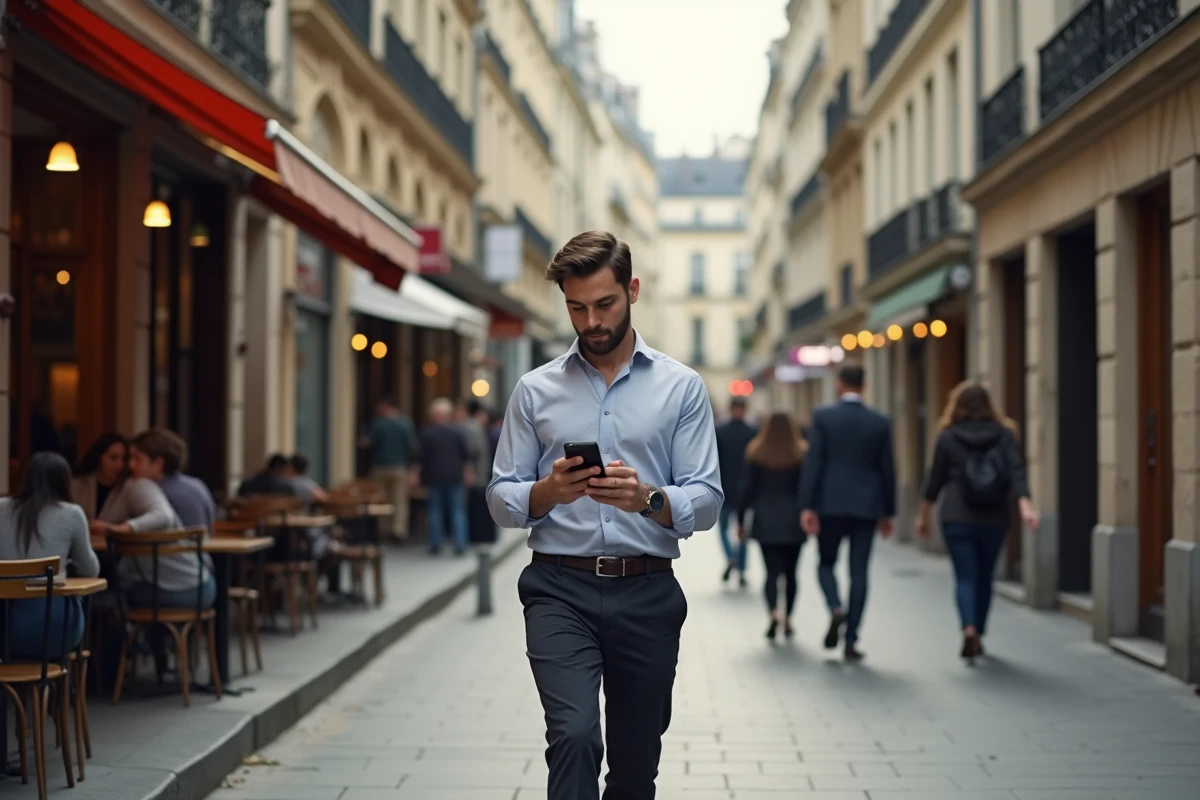 Jeune homme marche dans une rue parisienne anim&eacute;e