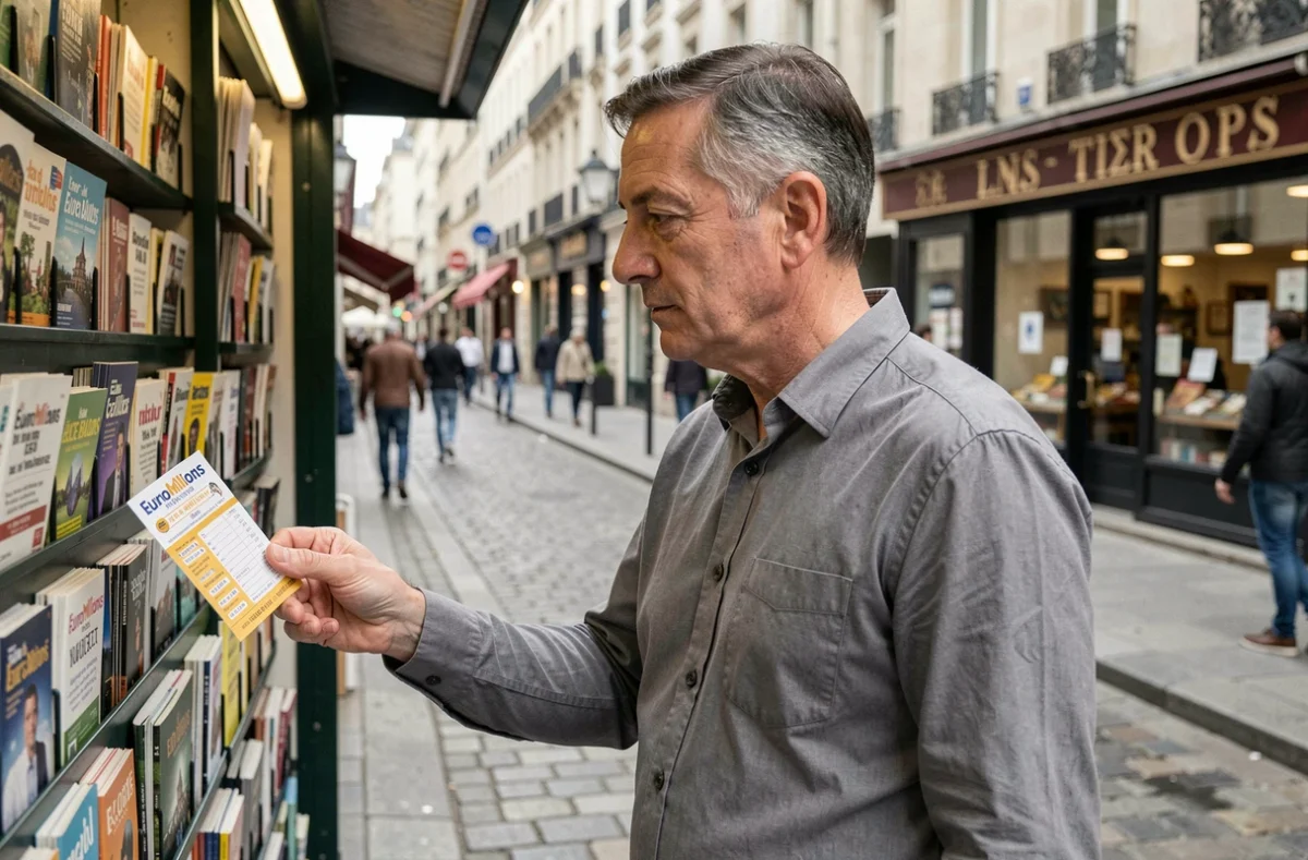 Homme prenant un bulletin EuroMillions Étoile + dans un tabac en ville