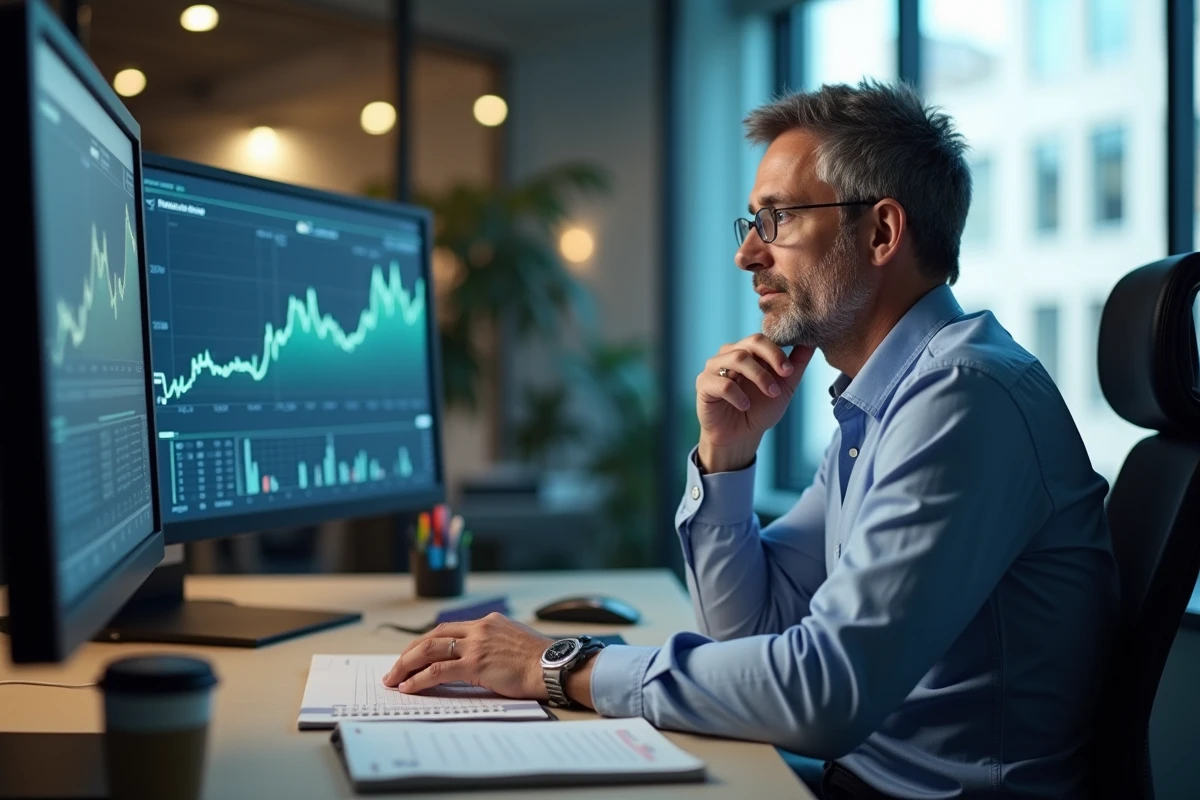 Homme au bureau regardant un écran de finance