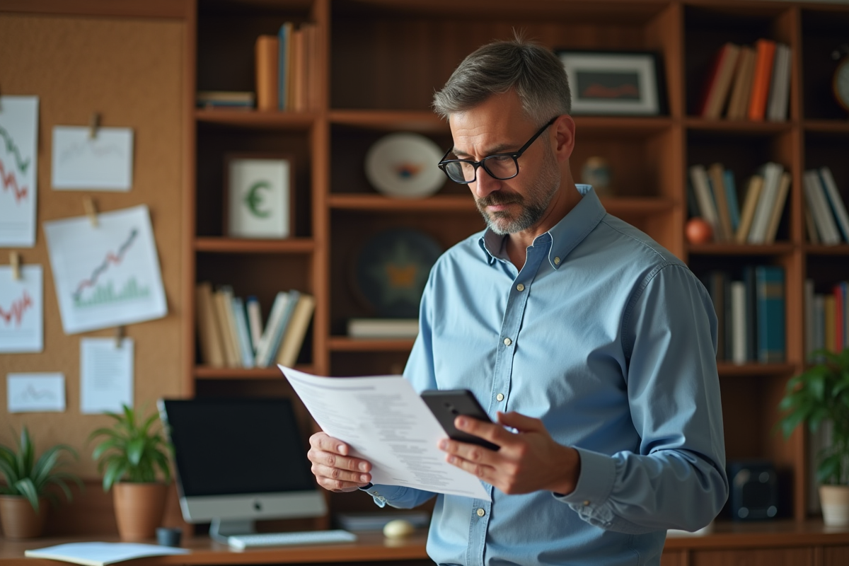 Homme daffaires examine rapport financier dans son bureau
