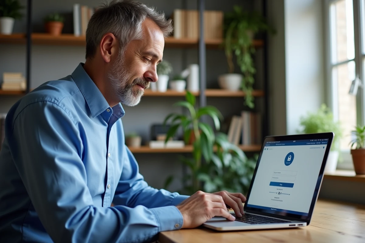 Homme d'âge moyen utilisant un ordinateur portable dans un bureau moderne