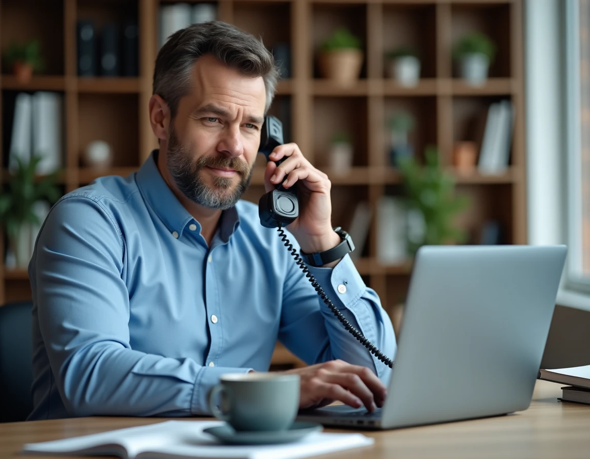 Homme au bureau consultant le service client Cetelem par téléphone fixe et ordinateur