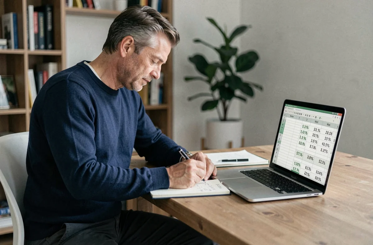 Homme calculant la formule de taux d'évolution d'une baisse de prix sur un carnet avec un ordinateur portable ouvert