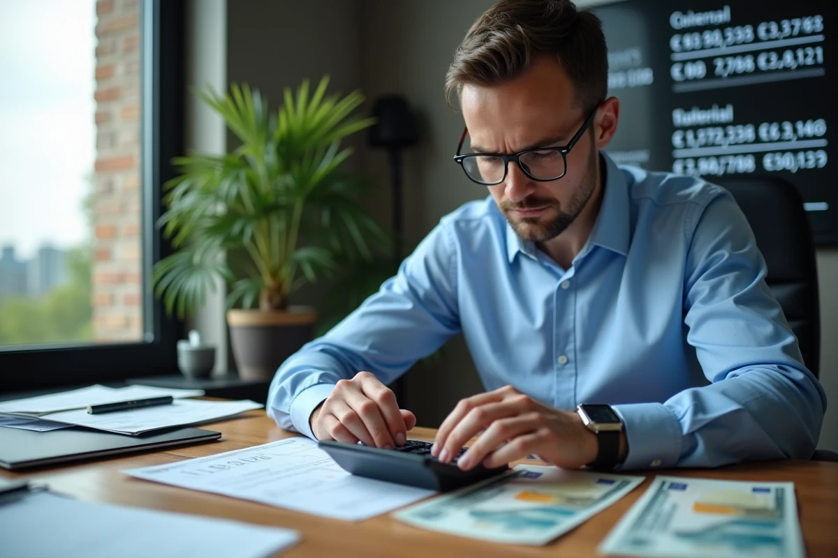 Homme d affaires utilisant calculatrice avec billets euro et dollars