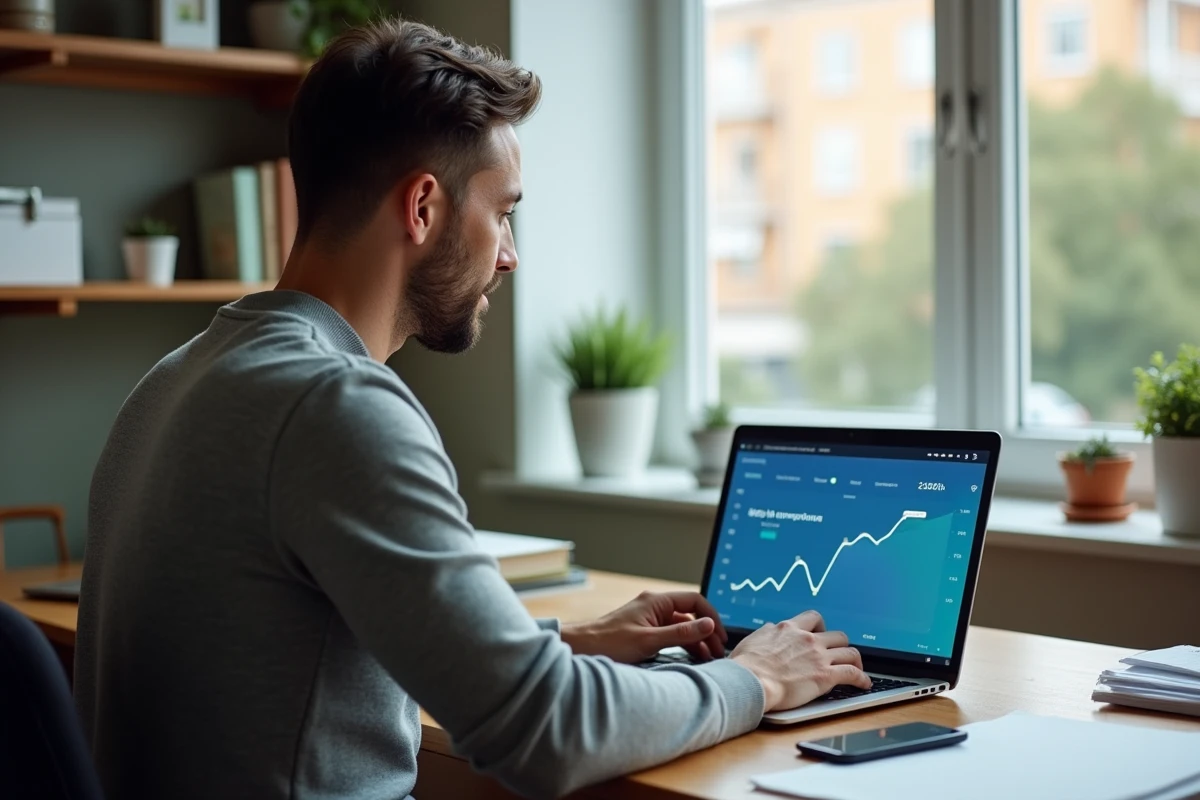Homme comparant les taux bancaires en ligne depuis son bureau à domicile sur un ordinateur portable