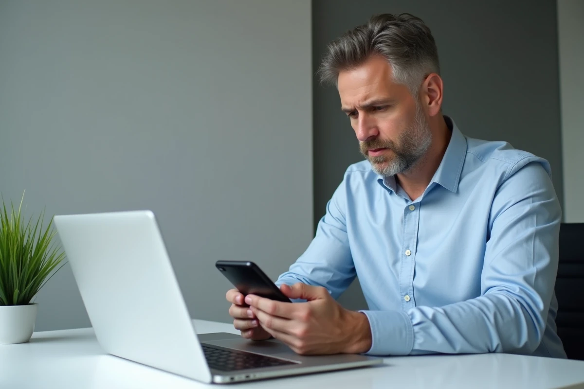 Homme comparant une panne de l'application bancaire sur smartphone et ordinateur portable pour diagnostiquer l'origine du bug