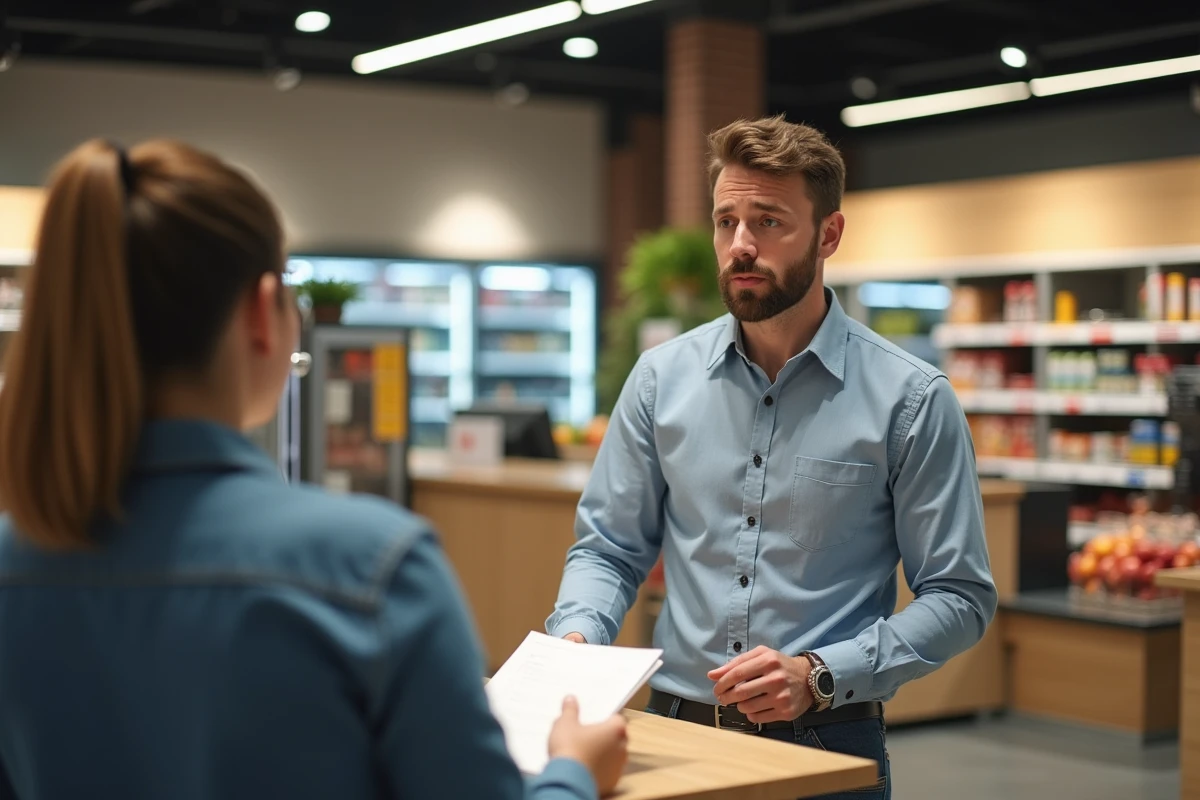 Jeune homme discutant avec un employ&eacute; au supermarch&eacute;