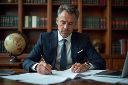 Homme en costume examinant des documents fiscaux et des relevés bancaires étrangers dans un bureau professionnel