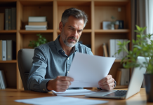 Pension travailleurs indépendants : quels sont les meilleurs choix ? Homme d'affaires regardant des documents de pension dans un bureau chaleureux
